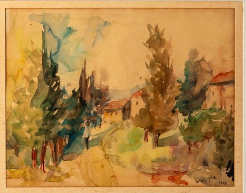 אהובה שולמן, אקוורל במסגרת עץ עם פספרטו וזכוכית, חתום, מתוארך 1968, 50X40 ס"מ כולל מסגרת