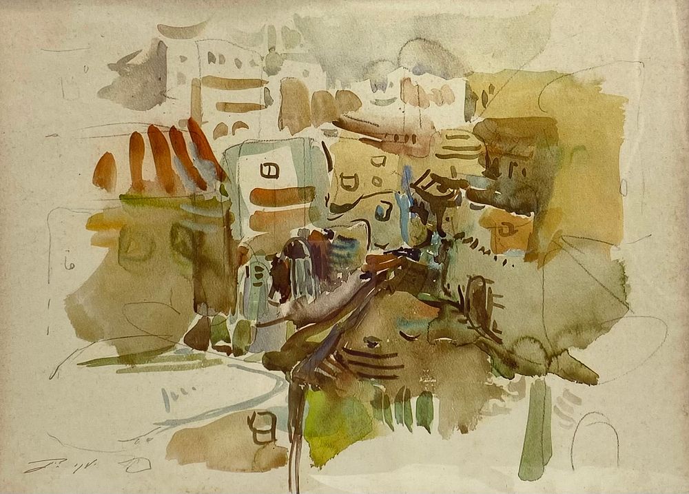 "נוף אורבני" יעקב צים
אקוורל , במסגרת עץ עם פספרטו וזכוכית, חתום, 39.5X32 ס"מ כולל מסגרת