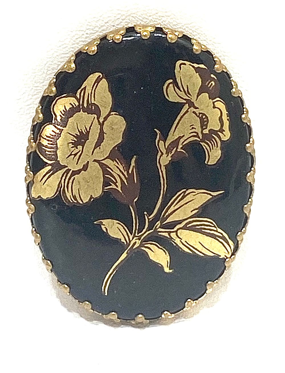 סיכת דש וינטאג', נחושת, אמייל והדפס פרחים, 4X3 ס"מ