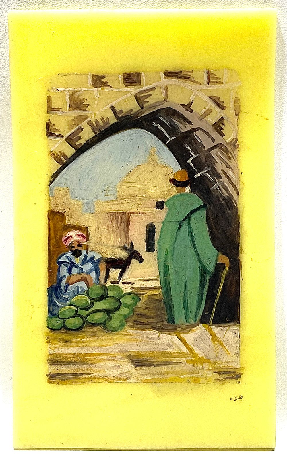 שוק יפו - ציור עבודת יד על פלאק פרספקס, חתום גבי, 12.5X7.5 ס"מ