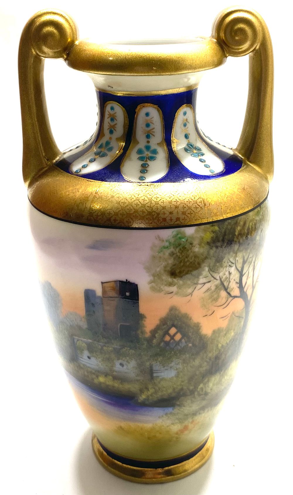 אגרטל פורצלן וינטאג' תוצרת NORITAKI JAPAN PORCELAIN, חתום, ציור עבודת יד אומן, קובלט, זהב 24 