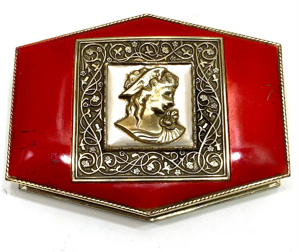 קופסת תכשיטים וינטאג' אירופאי אלגנטי, ברונזה מוזהבת עם אמייל, מעוטרת פלאק נחושת עם קמאו ועבודת 