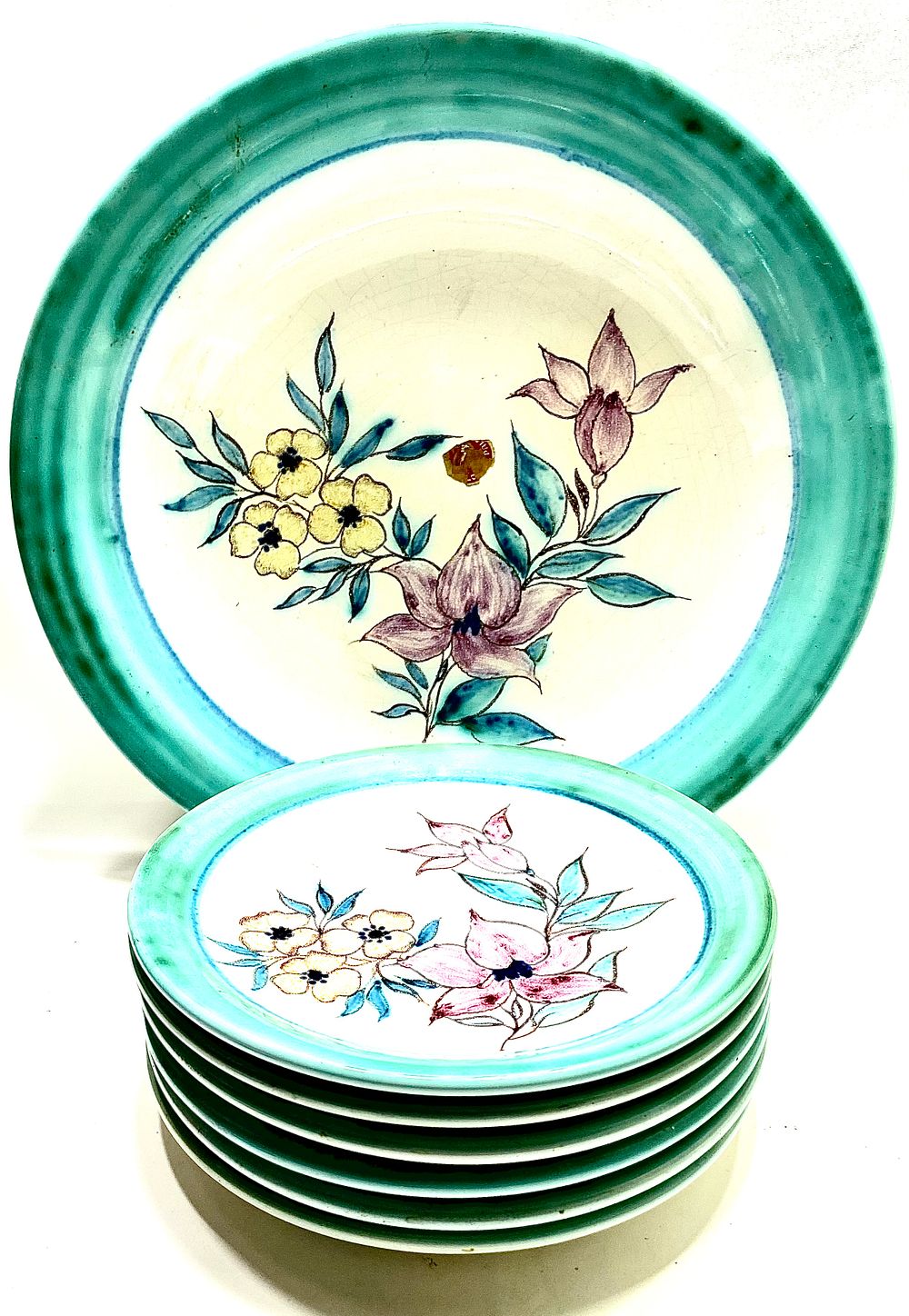 לאספני קרמיקה ישראלית נדירה 
סט להגשת פירות וינטאג' תוצרת פל קרמיקה, ציור עבודת יד אומן, קערת 