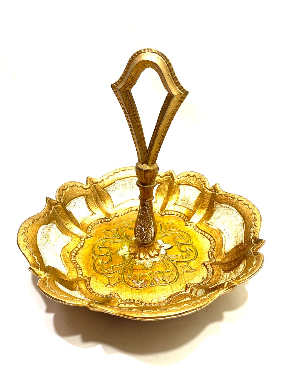 כלי לפירות/קערת הגשה עם ידית, עבודה פלורנציאנית, וינטאג' אלגנטי ונדיר מאיטליה, גובה כולל ידית 