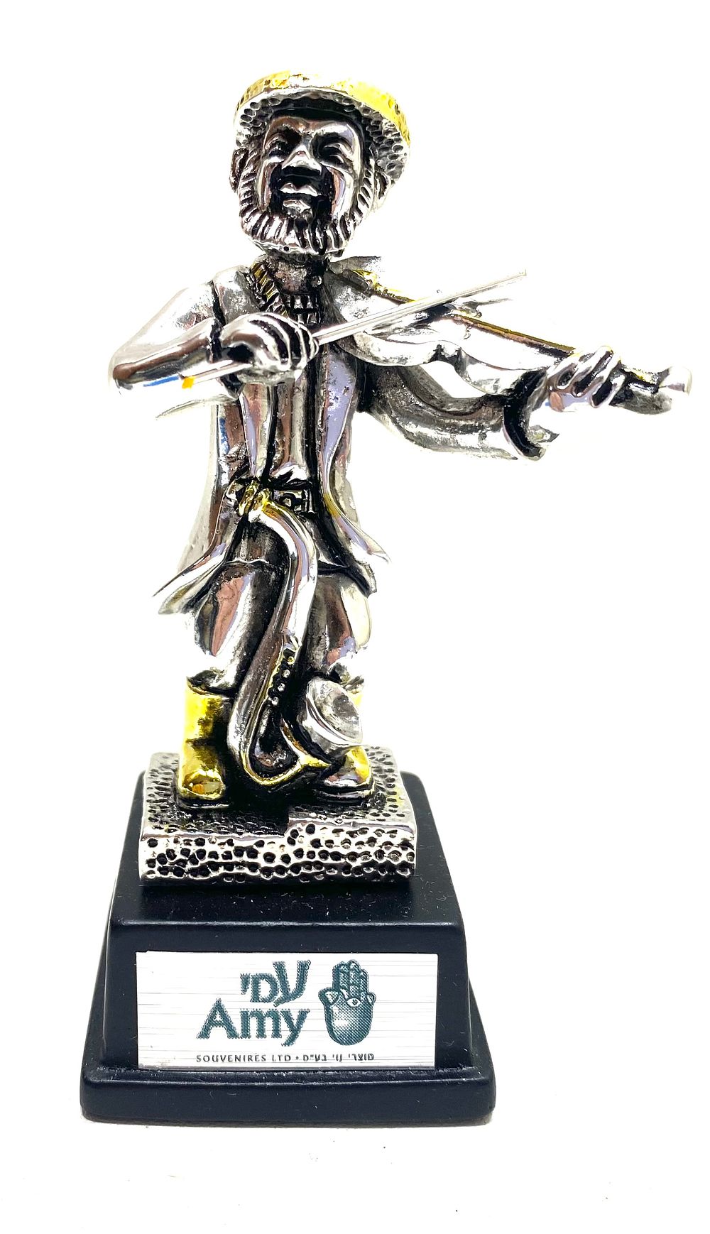 פסל כסף 925 אלקטרופורמינג עם ציפוי זהב, על מעמד ייעודי מעץ, תוצרת "עמי תשמשי קדושה ישראל" 