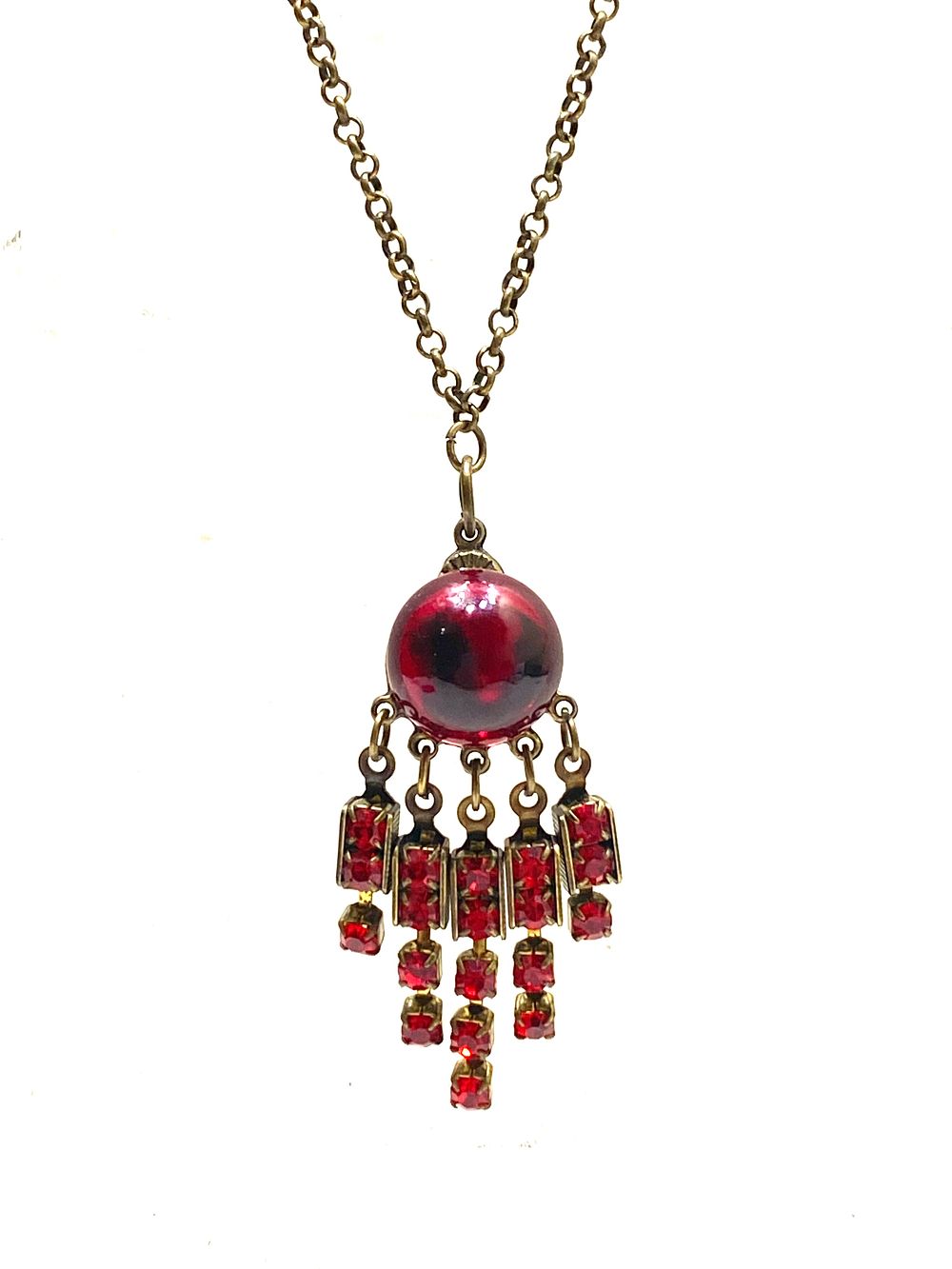 שרשרת ותליון עם ציציות, וינטאג' בסגנון ויקטוריאני, נחושת משובץ קריסטלי רובי, תוצרת מיכל נגרין 
