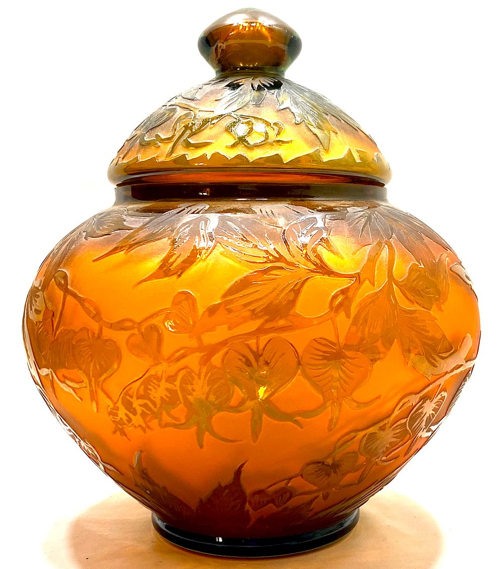 בונבוניירה / כד עם מכסה, ארט נובו, זכוכית CANEO GLASS, צרפת, ככל הנראה MULLER FRERES LUNEVILLE 