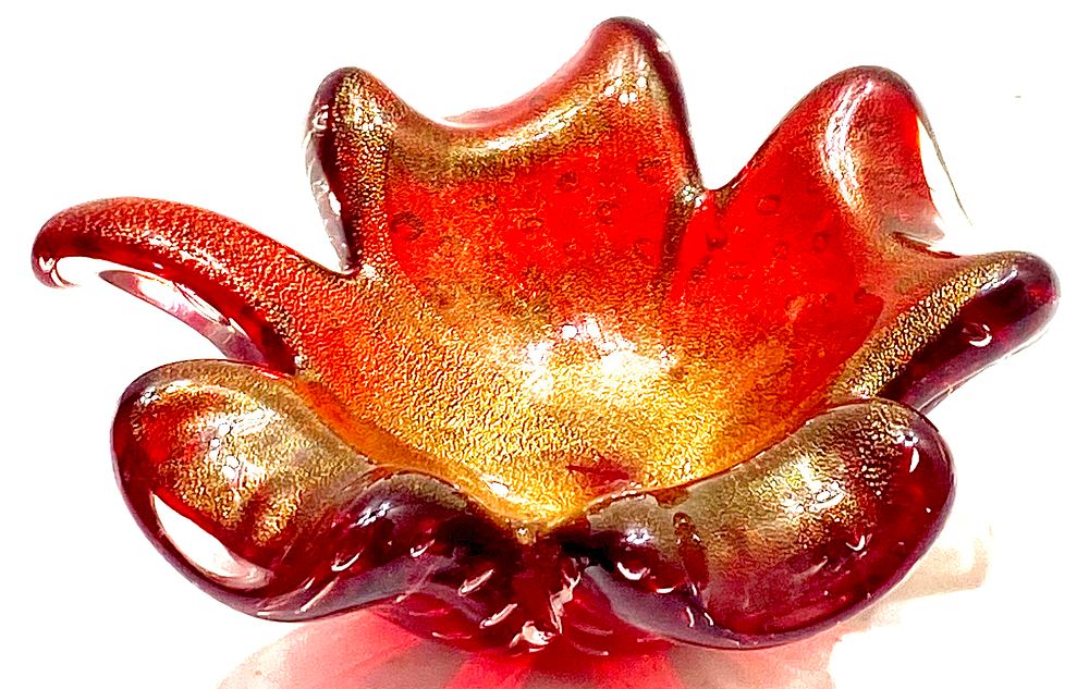מאפרה / קערת זכוכית אומנותית MURANO מורנו בטכניקה AVENTURINE בשילוב טכניקת BULLICANTE (פתיתי 