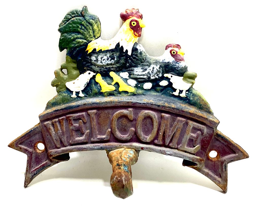 שלט לדלת "WELCOM" (ברוכים הבאים), עם וו תליה, ברזל יצוק עם אמייל, וינטאג' אירופאי שמור ויפה 