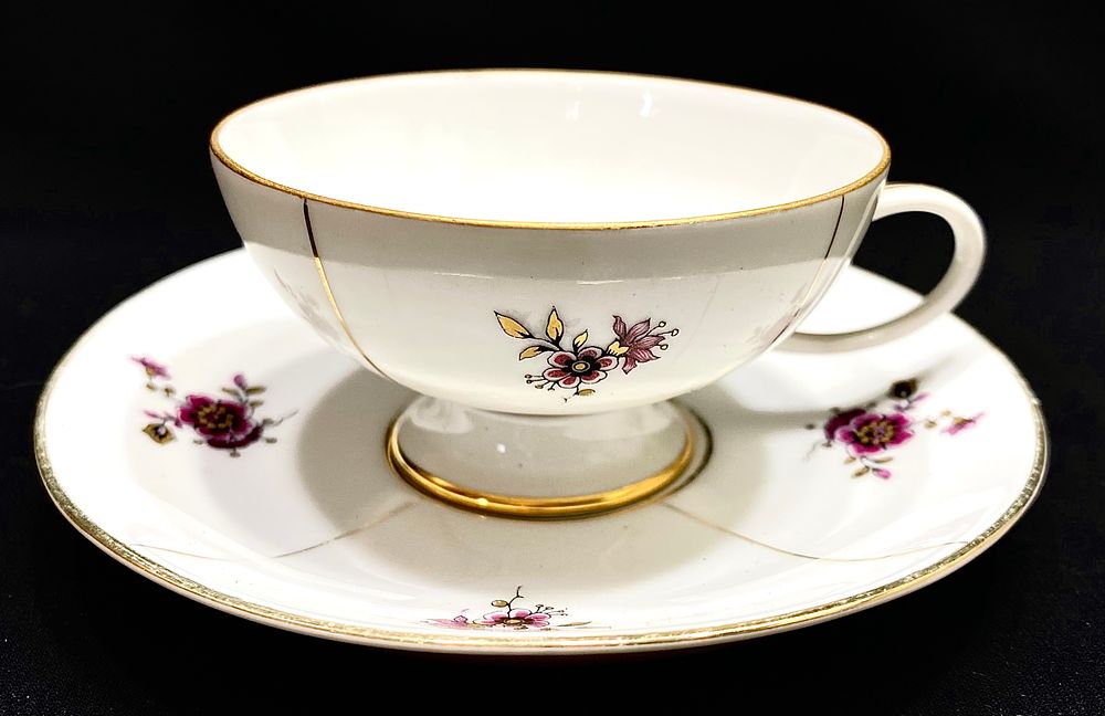 ספל ותחתית למוקה, פורצלן וינטאג' תוצרת ROSENTHAL FINE BONE GERMANY PORZELLAN, ציור עבודת יד 