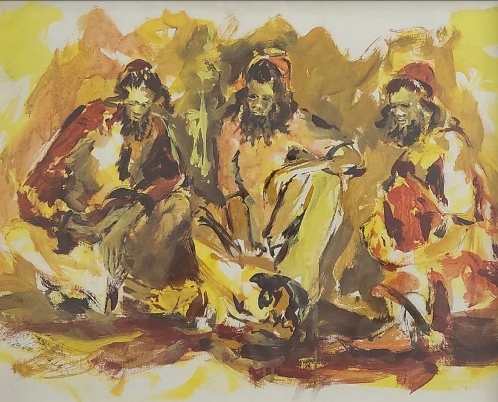 צבי ענבל "שלושה תימנים" 
גואש על נייר ) , מתוארך 1974, 69.5X59.5 ס"מ כולל מסגרת