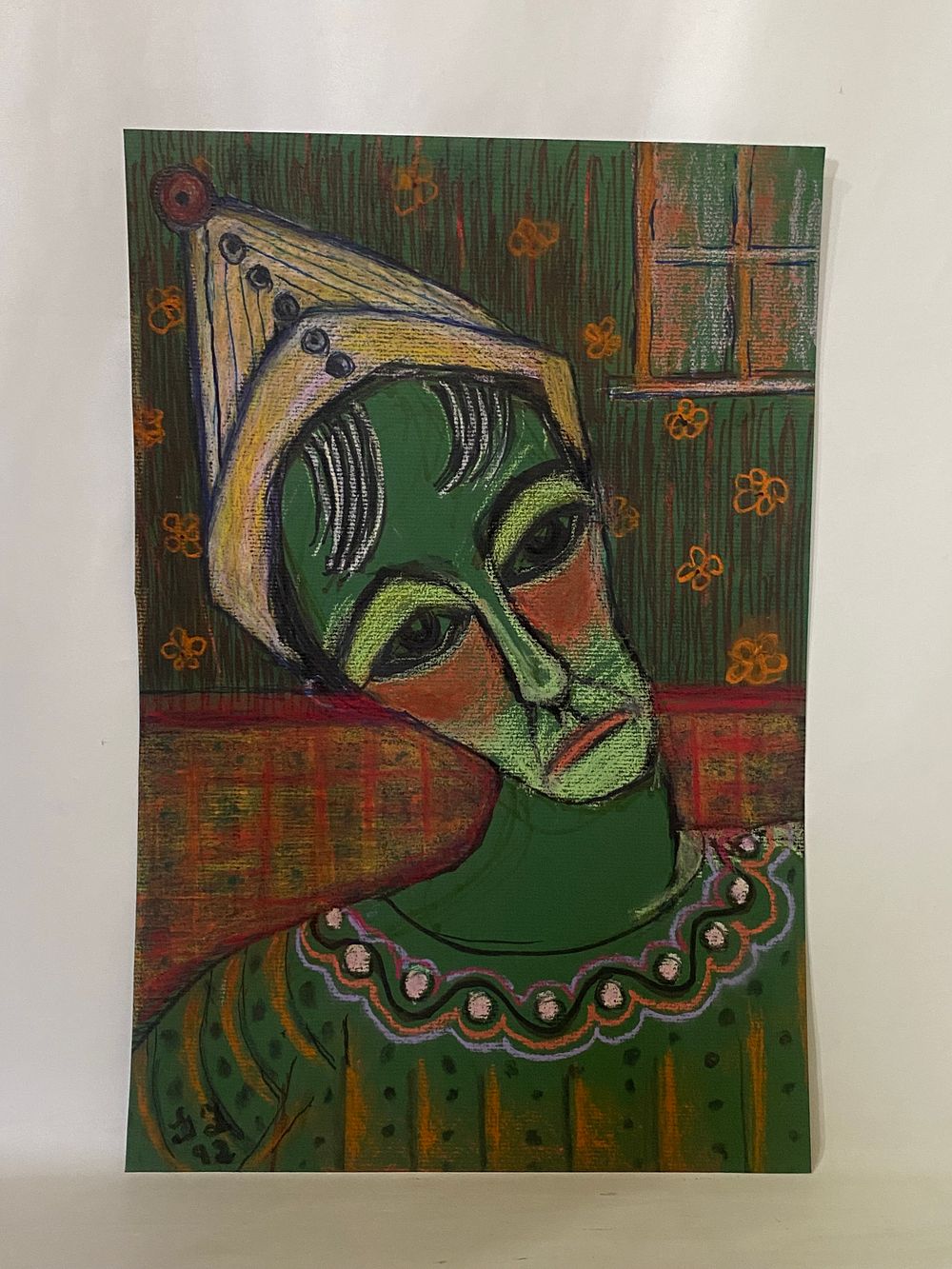 "ליצן עצוב" גירי שמן, GERDA ZONDAK גרדה צונדק
חתום, מתוארך 1992, 39X26 ס"מ