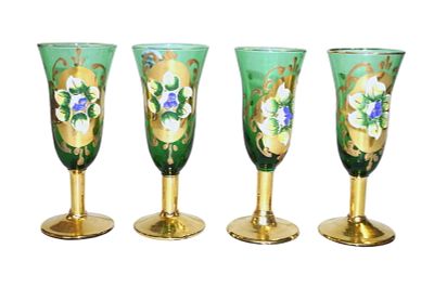 4 MID CENTURY BOHEMIAN GLASS ENAMELED CORDIALS. 4 Mid Century Bohemian Heavily Enameled and Gilt 