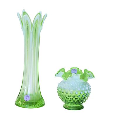 2 PC JEFFERSON & FENTON GREEN OPALESCENT GLASS. 1- Scott K. Fenton signed Lime Green Hobnail 