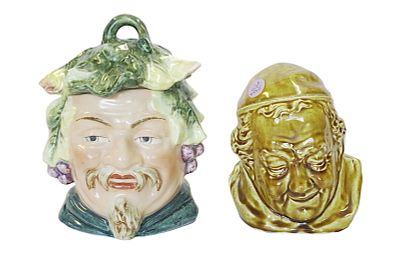 2 MAJOLICA FIGURAL TOBACCO JARS / HUMIDORS. 1- English majolica monks head tobacco jar 6". 2- 