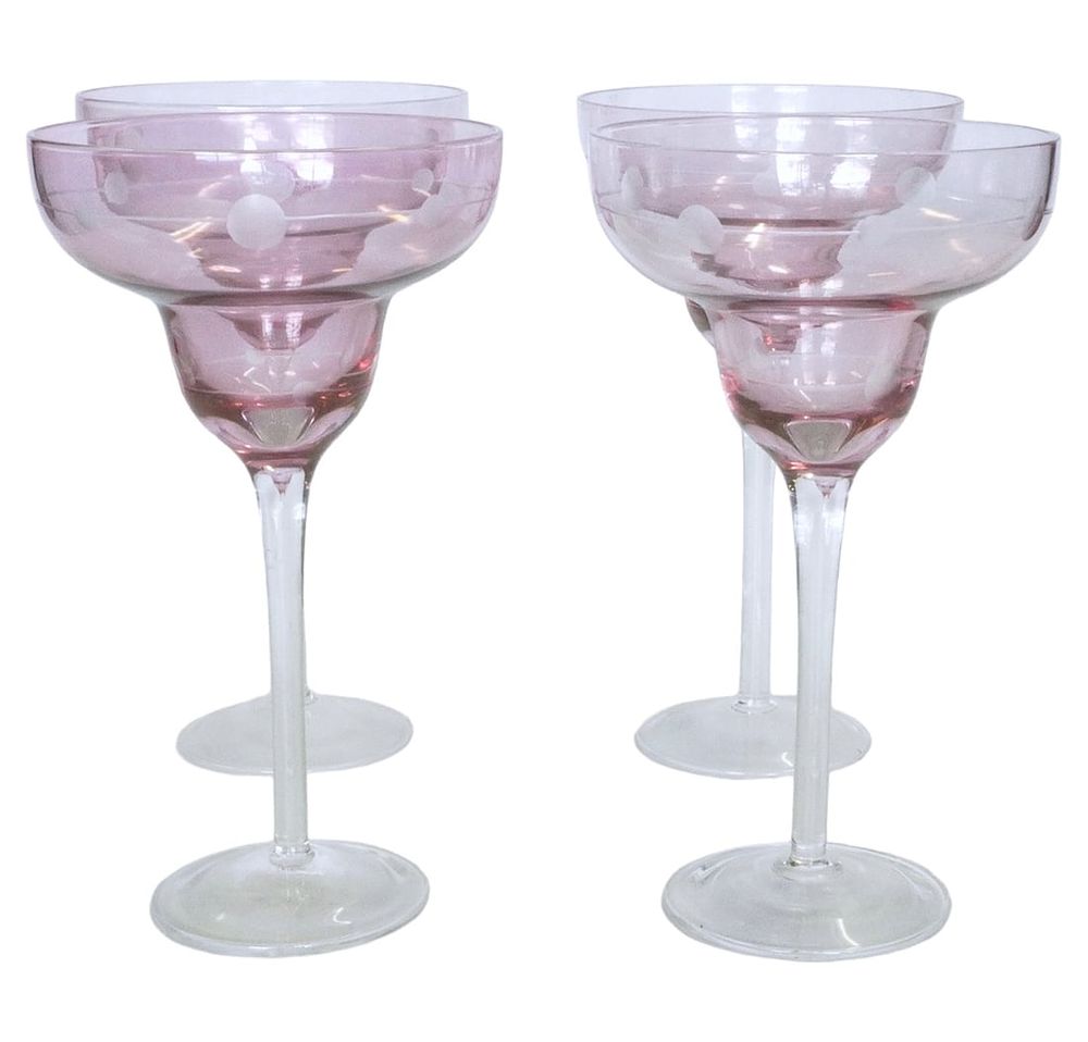 Lot 11: 4 LARGE PINK CUT ETCHED MARGARITA GLASSES