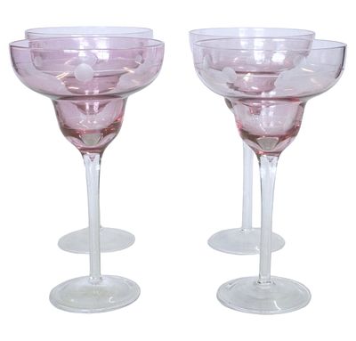 4 LARGE PINK CUT ETCHED MARGARITA GLASSES. 4 Large Pink with Clear Stem Cut and Etched Margarita 