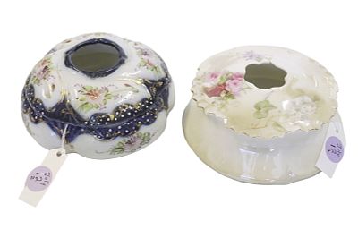 2 ANTIQUE PORCELAIN HAIR RECEIVERS. R.S. Prussia Pearlized Finish 4.5" and Cobalt Trimmed Hand 