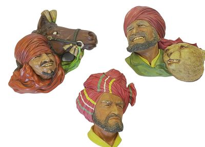 3 VTG BOSSONS CHALKWARE WALL PLAQUES. 1- Lords of the Desert 9.5"x8.5"x4.5". 2- Abdul" 