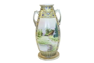 LARGE NIPPON HAND PAINTED LANDSCAPE ART NOUVEAU. Nippon Hand Painted Landscape Eared Vase with 
