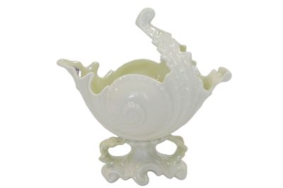 VINTAGE BELLEEK PORCELAIN NAUTILUS SHELL. A Belleek C. 1965 green mark nautilus shell vase 