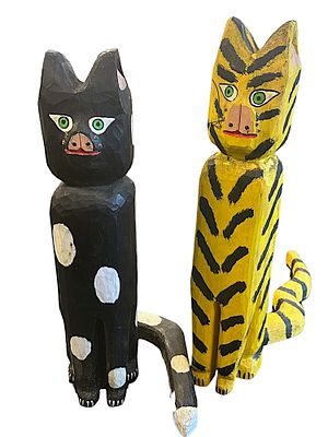 HARRY JENNINGS FOLK ART CATS. Yellow Cat Measures 18" Tall, Black Cat 16.5". Total Weight 7 lbs. 
