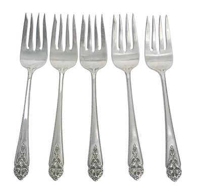 5 INTERNATIONAL STERLING QUEENS LACE SALAD FORKS. 5 International Silver Individual Salad Forks 