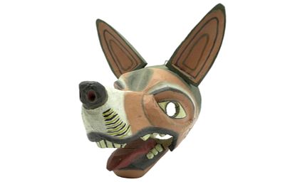 CARVED WOOD TIGUAN DOG MASK ECUADOR. Hand Carved and Polychrome Painted Wooden Tigua Dog Mask 