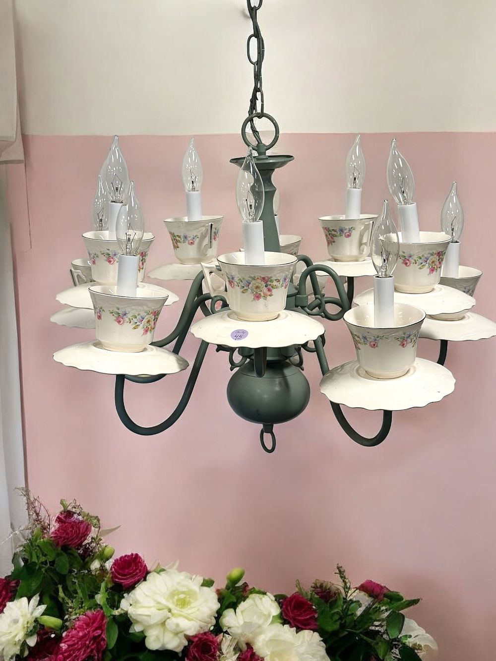 Lot 45: WHIMSICAL 10 ARM PORCELAIN TEACUPS CHANDELIER