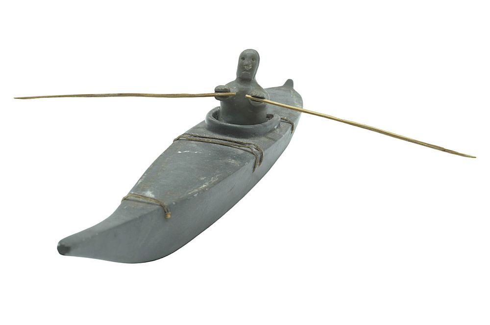 Lot 49: INUIT CARVED SOAPSTONE HUNTER KAYAK