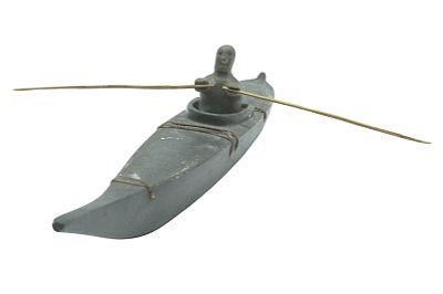 INUIT CARVED SOAPSTONE HUNTER KAYAK. Inuit Soapstone Carving - Hunter in Kayak - 1950-60's. 
