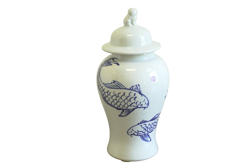 Lot 76: LARGE CELADON GINGER JAR WITH KOI & FOO FINIAL