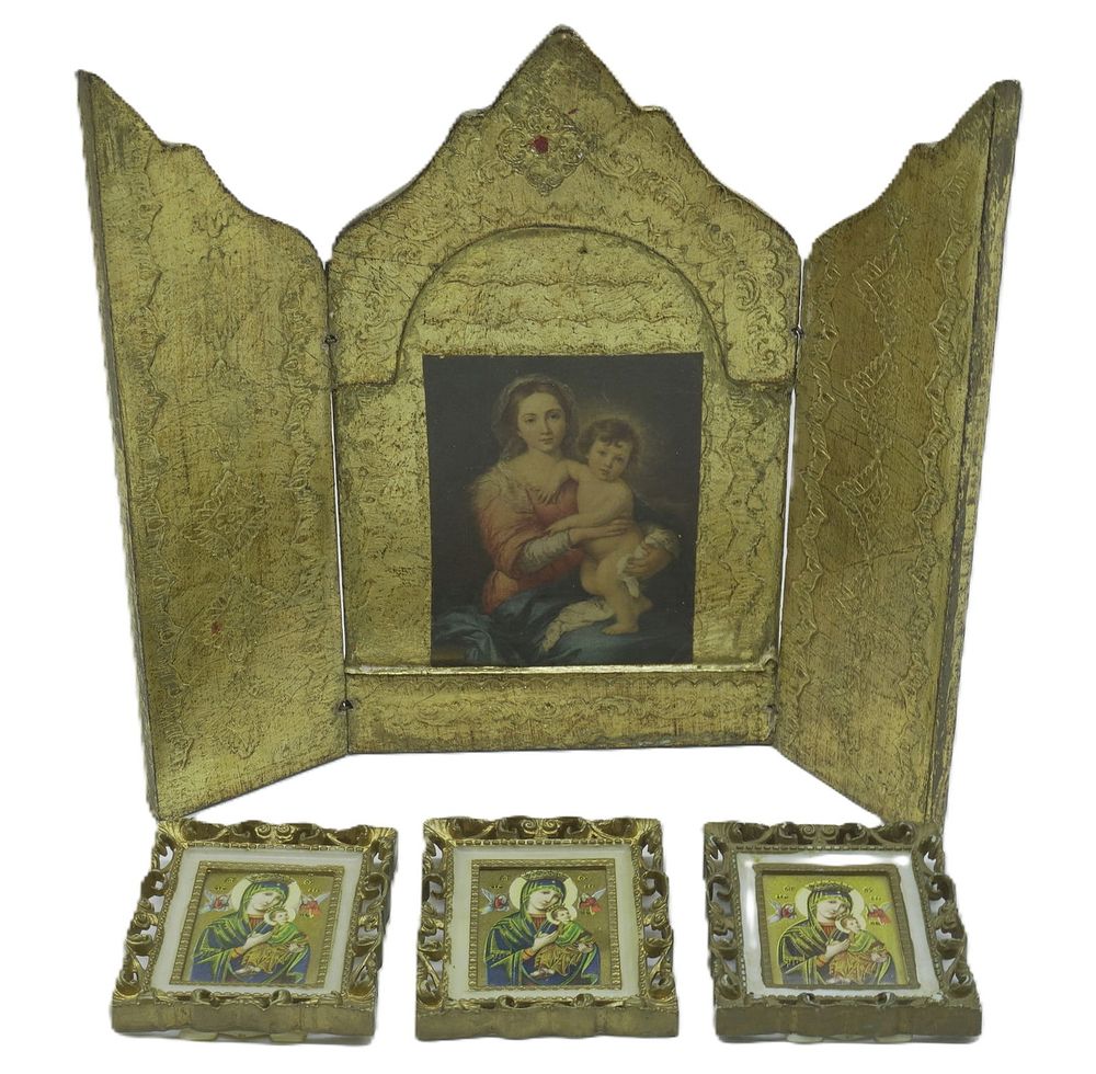 Lot 208: VINTAGE FLORENTINE TRIPTYCH, MADONNA AND CHILD & MINI ICONS