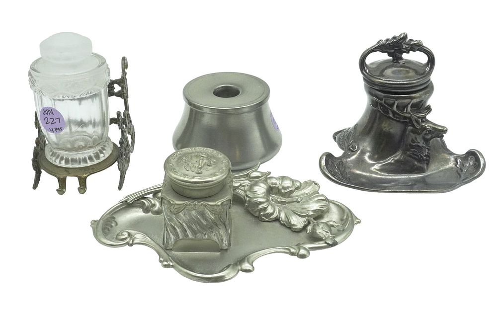 Lot 227: LOT OF ANTIQUE/VINTAGE INKWELLS AND PEN HOLDERS - 4 PIECES