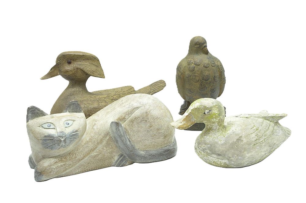 Lot 282: 4 HAND CARVED DUCKS - CAT - BIRD