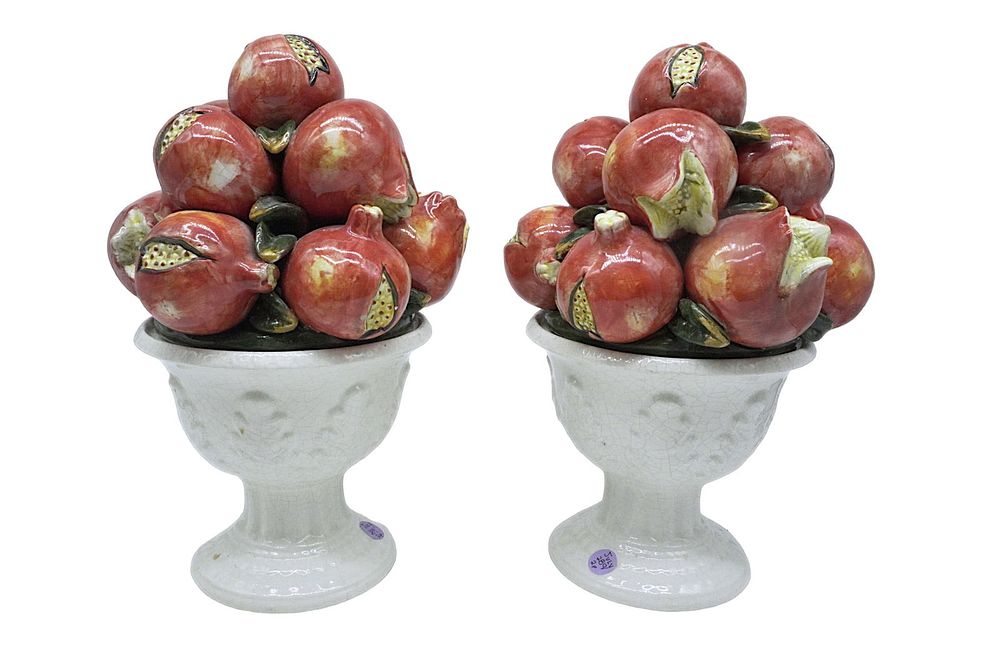 Lot 289: PAIR MID-CENTURY MAJOLICA POMEGRANATE TOPIARY