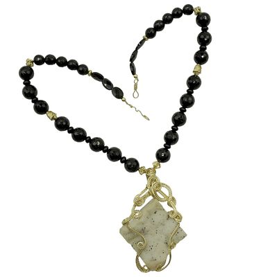 LARGE WHITE DRUZY STATEMENT NECKLACE. Large Wire Wrapped White Druzy Pendant and Faceted Onyx 