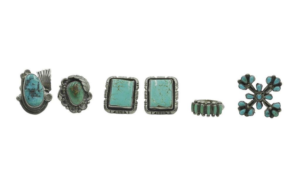 5 STERLING & TURQUOISE NAVAJO RINGS - EARRINGS - BROOCH. All are Vintage sterling and turquoise. 