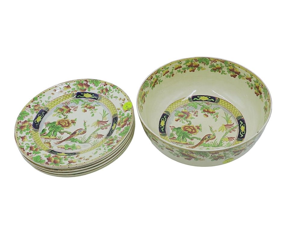 Lot 11: 7 PC ROYAL DOULTON CHINOISERIE BIRD D4175 BOWL & LUNCHEON PLATES