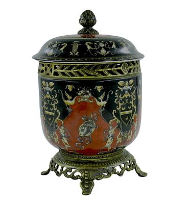 ASIAN BRONZE MOUNTED PORCELAIN LIDDED URN. Asian style bronze mounted porcelain lidded urn with 