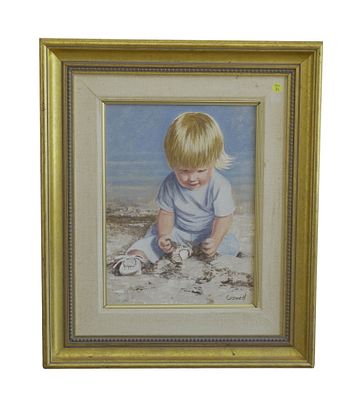 HELEN CASWELL OIL ON CANVAS YOUNG BOY "SAND". Helen Caswell Oil on Canvas "Sand" with a young 