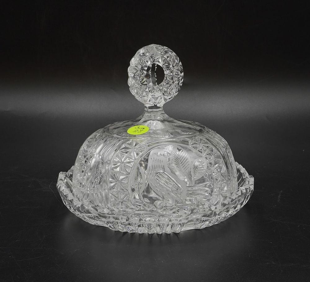 CUT AND ETCHED CRYSTAL CHEESE DOME BIRDS. Cut and etched crystal cheese dome with underplate. 