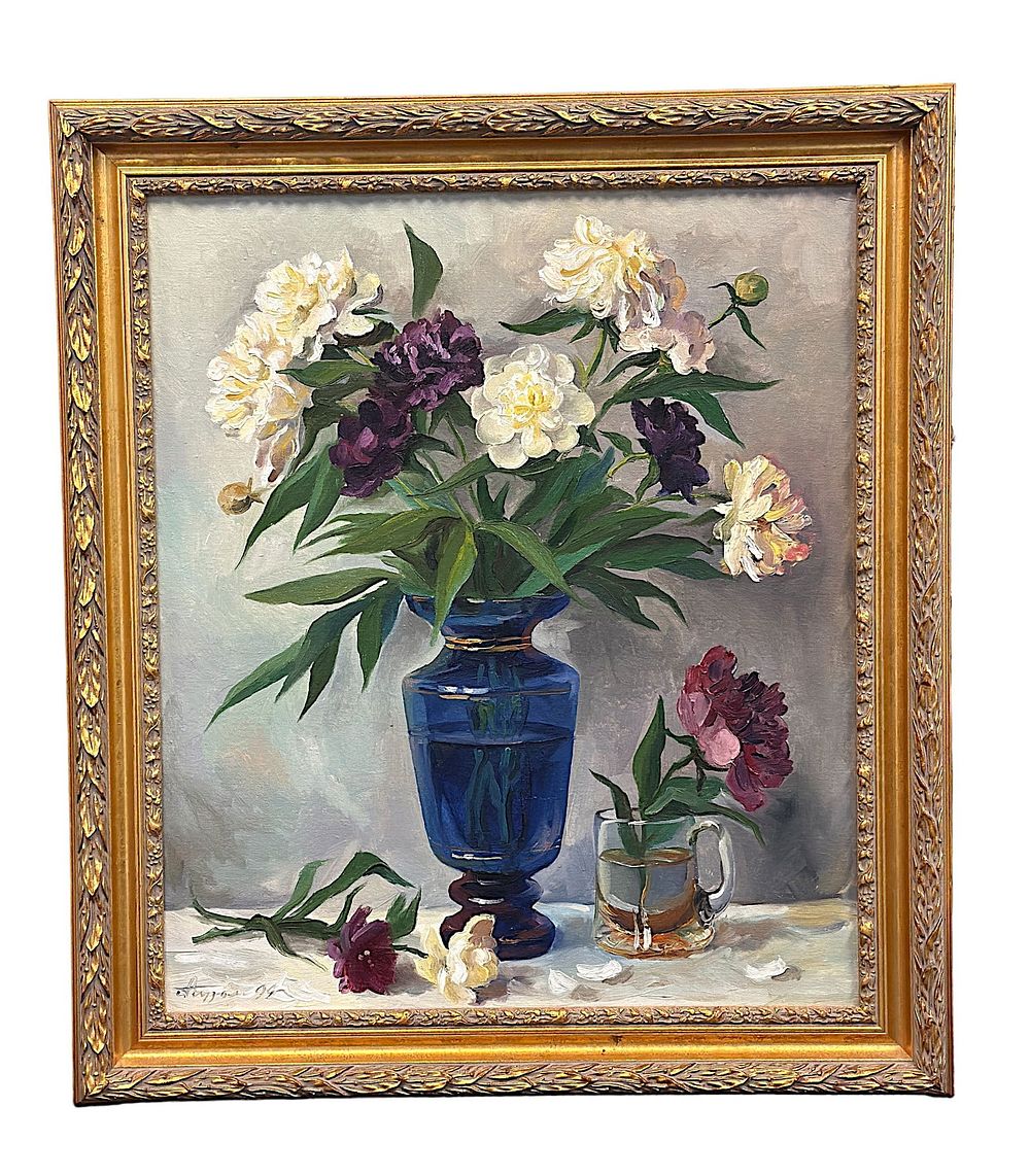 Lot 31: STILL LIFE OIL ON BOARD PEONIES IN COBALT VASE