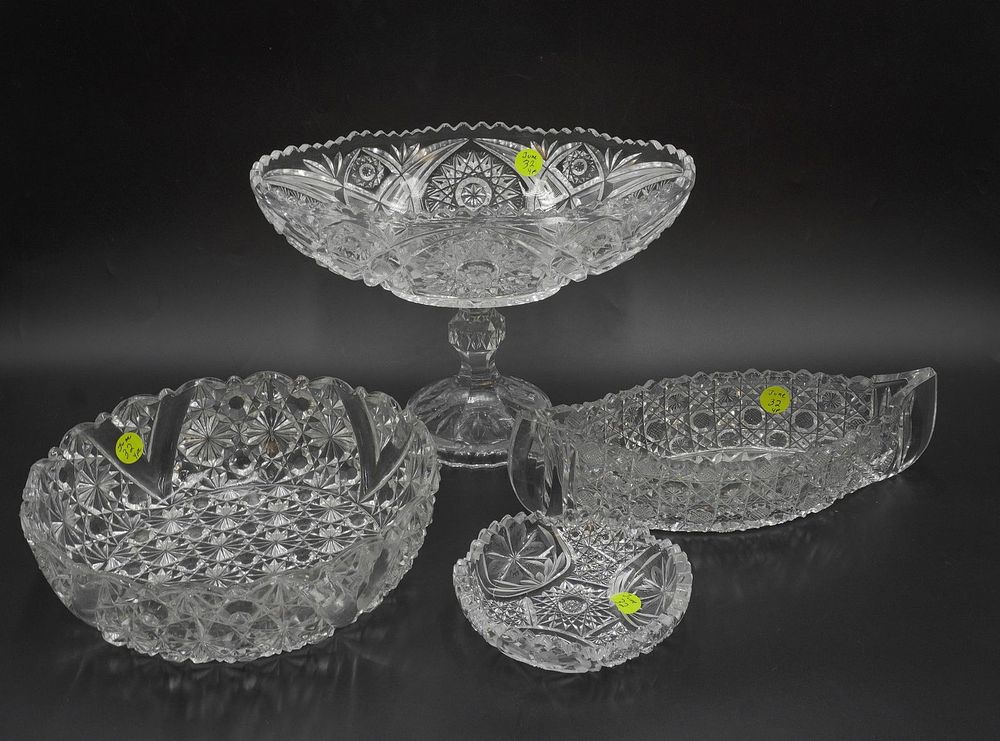 Lot 32: 4 pc CUT GLASS COMPOTE - BOWL - BOAT - DISH