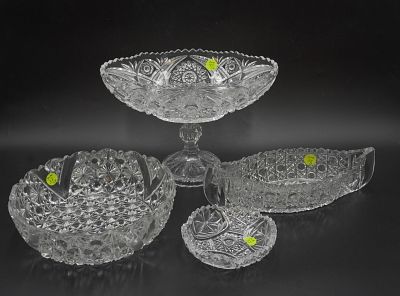 4 pc CUT GLASS COMPOTE - BOWL - BOAT - DISH. All are Vintage Cut Glass.. 1- Compote 11"x7"x7.5". 