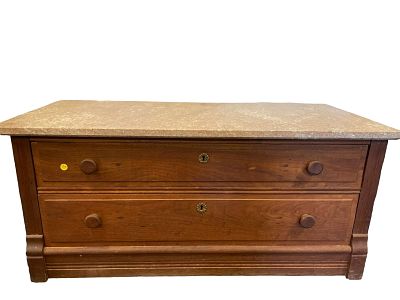 ANTIQUE MARBLE TOP LOW CHEST. 19th c Antique 2 Drawer Marble Top Low Chest. These were used at 