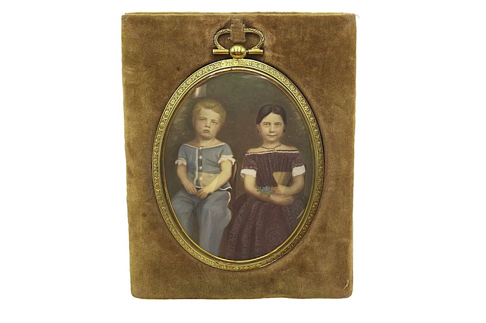 ANTIQUE 19th MINIATURE PORTRAIT BROTHER & SISTER. Antique 19th c Miniature Portrait of a happy 