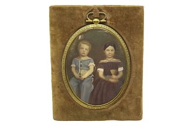 ANTIQUE 19th MINIATURE PORTRAIT BROTHER & SISTER. Antique 19th c Miniature Portrait of a happy 