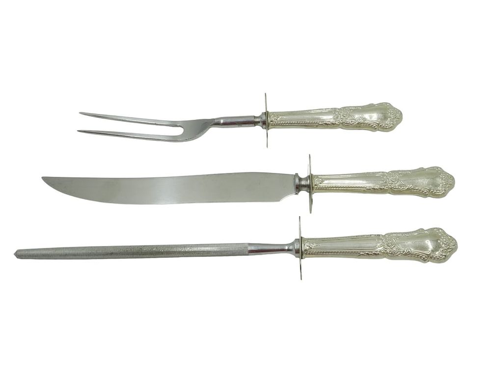 3 PC STERLING SILVER CARVING SET. 3 Piece Sterling Silver Handle Carving Set. Rose Pattern. 