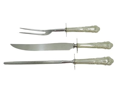 3 PC STERLING SILVER CARVING SET. 3 Piece Sterling Silver Handle Carving Set. Rose Pattern. 